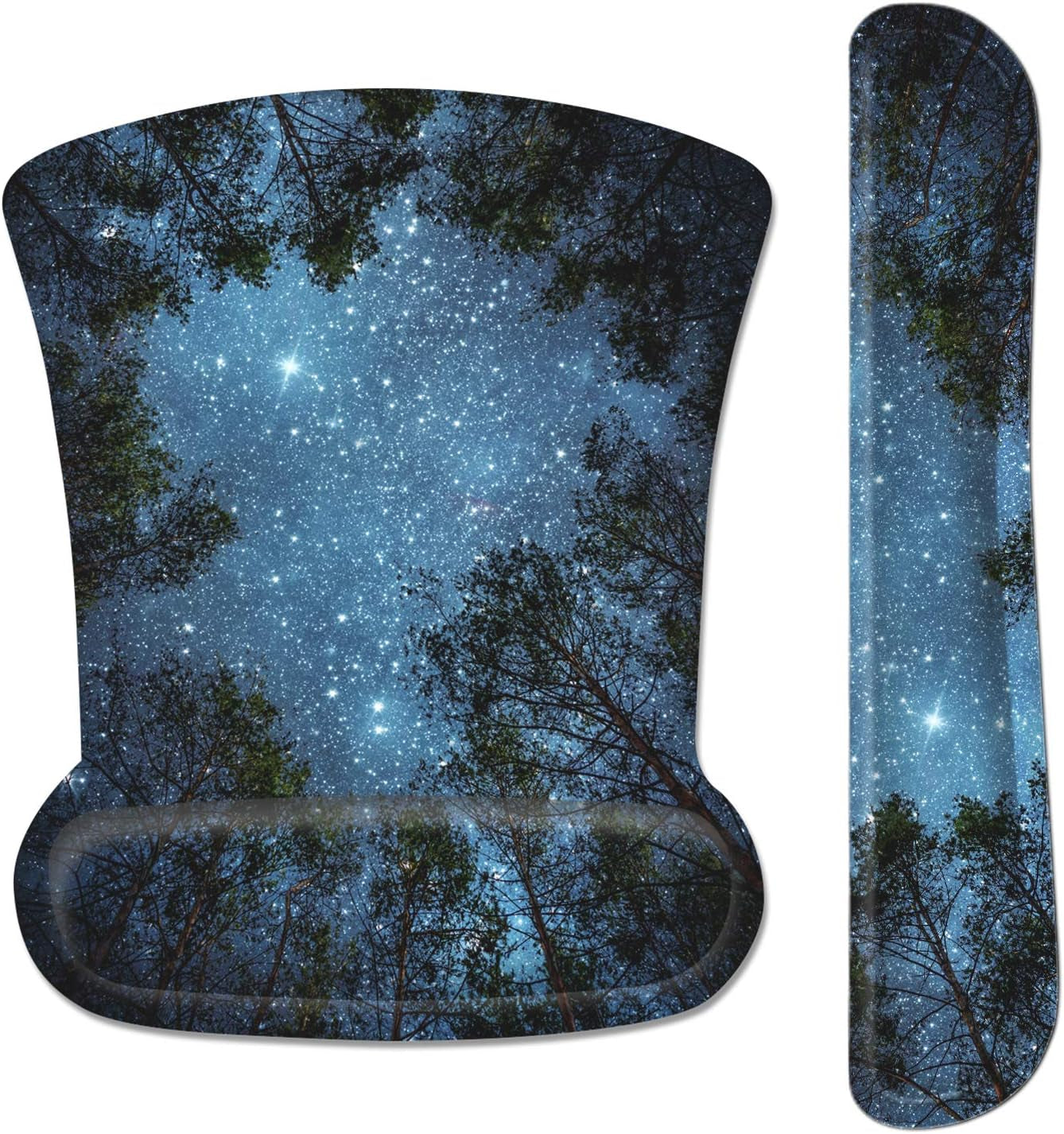 Ergonomic Mouse Pad with Wrist Rest Support and Keyboard Wrist Rest Pad with Coaster, Cute Wrist Pad with Non-Slip Rubber Base and Raised Memory Foam, Easy Typing & Pain Relief, Forest Starry