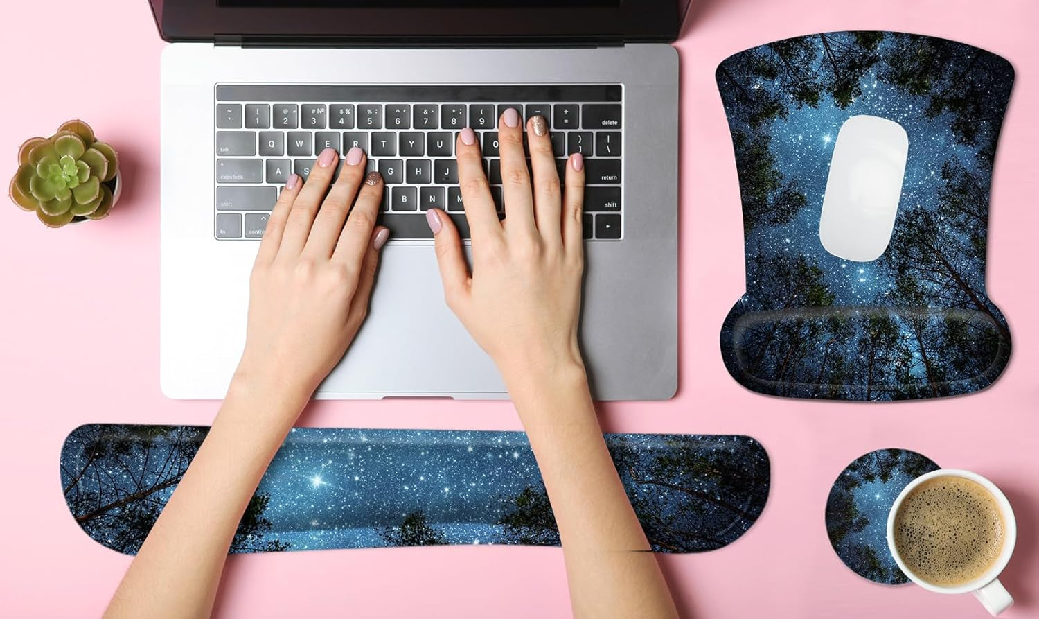 Ergonomic Mouse Pad with Wrist Rest Support and Keyboard Wrist Rest Pad with Coaster,  Cute Wrist Pad with Non-Slip Rubber Base and Raised Memory Foam, Easy Typing & Pain Relief, Forest Starry