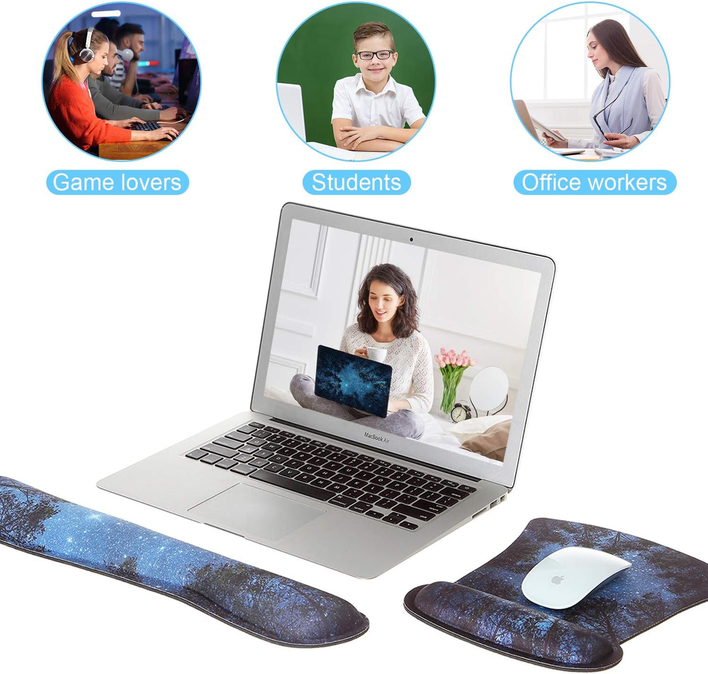 Ergonomic Mouse Pad with Wrist Rest Support and Keyboard Wrist Rest Pad with Coaster,  Cute Wrist Pad with Non-Slip Rubber Base and Raised Memory Foam, Easy Typing & Pain Relief, Forest Starry
