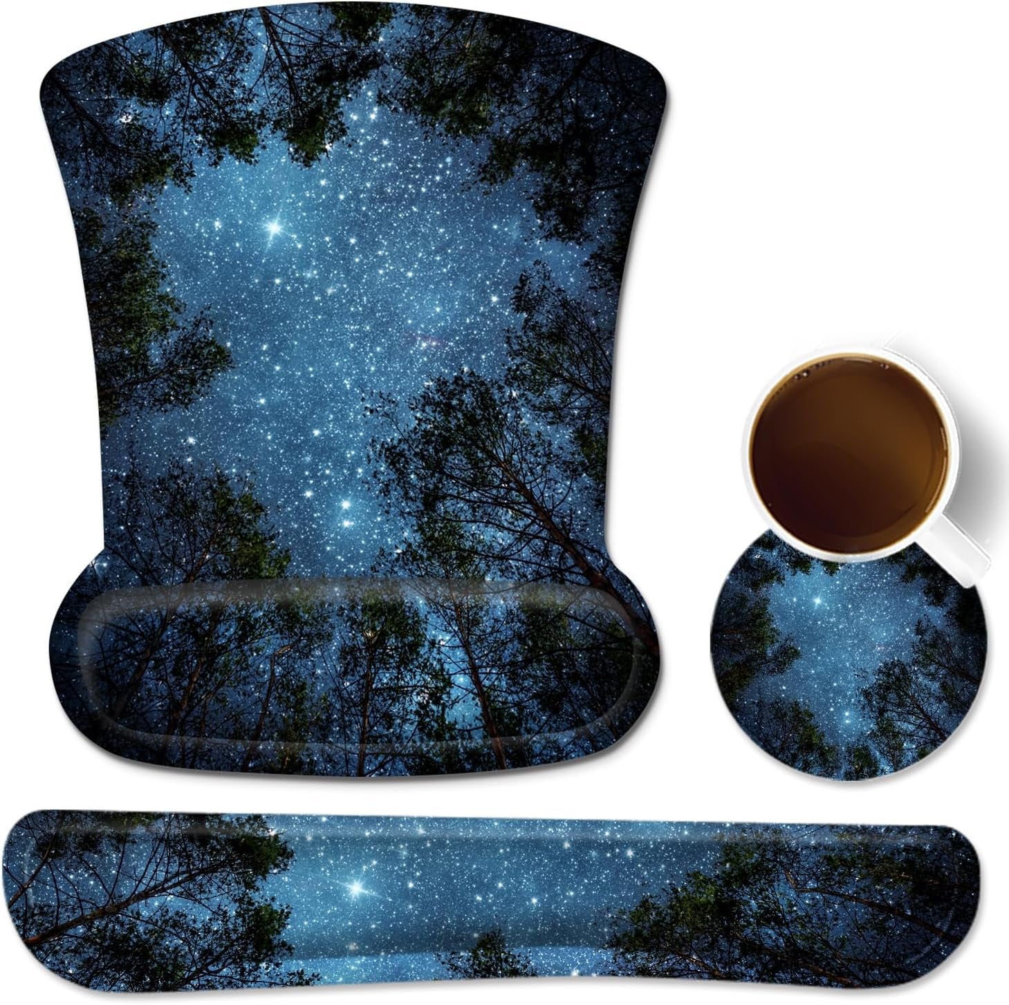 Ergonomic Mouse Pad with Wrist Rest Support and Keyboard Wrist Rest Pad with Coaster,  Cute Wrist Pad with Non-Slip Rubber Base and Raised Memory Foam, Easy Typing & Pain Relief, Forest Starry