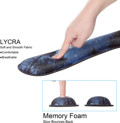 Ergonomic Mouse Pad with Wrist Rest Support and Keyboard Wrist Rest Pad with Coaster,  Cute Wrist Pad with Non-Slip Rubber Base and Raised Memory Foam, Easy Typing & Pain Relief, Forest Starry
