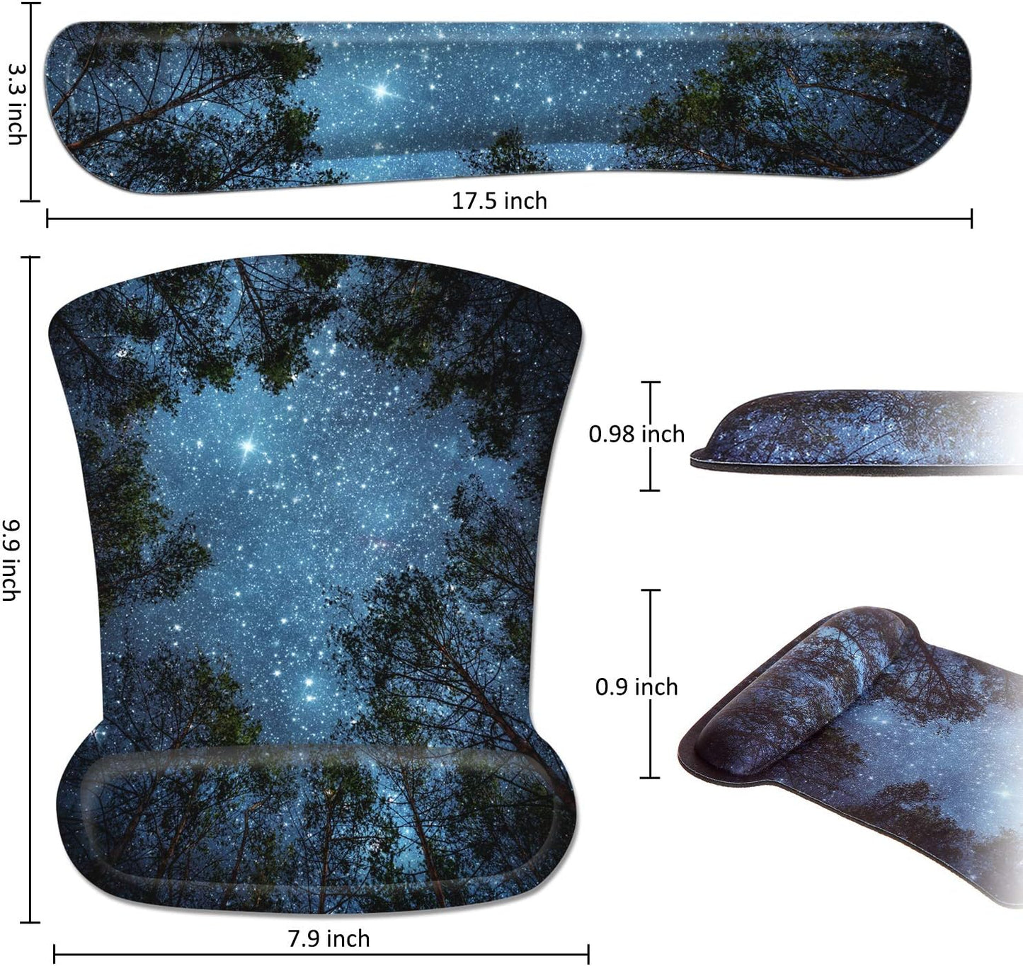 Ergonomic Mouse Pad with Wrist Rest Support and Keyboard Wrist Rest Pad with Coaster,  Cute Wrist Pad with Non-Slip Rubber Base and Raised Memory Foam, Easy Typing & Pain Relief, Forest Starry